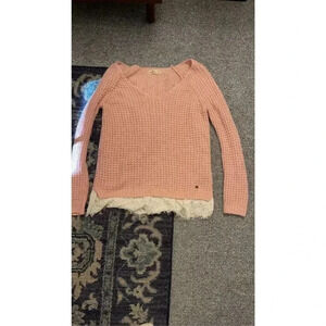 Hollister Women's Pink V-Neck Sweater M Lace Trim Long Sleeve Pullover